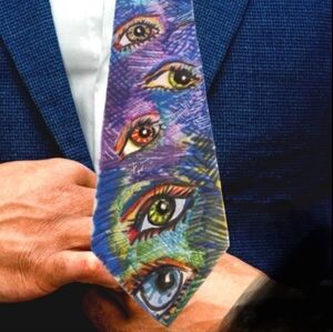 Hand drawn/Painted signed silk tie original one of a kind  "Eyes"